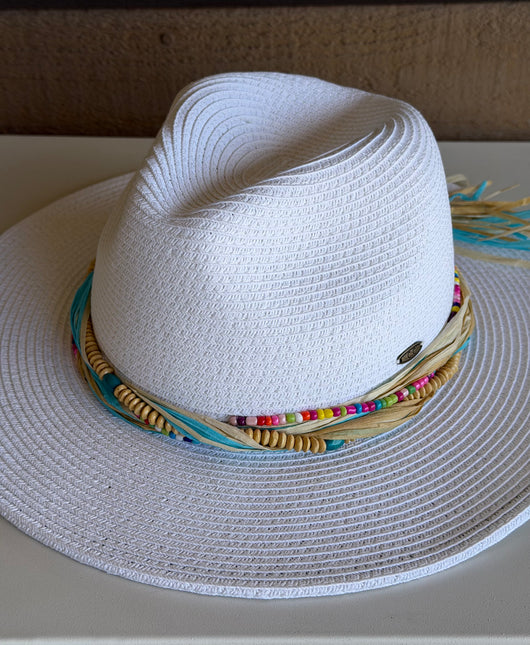 White CC Brand Sunhat w/Colorful Beads & Raffia Band and Adjustable Fit