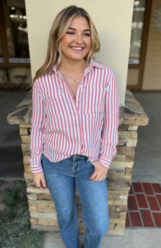 Coral & White Stripe Button Down Top w/Front Pockets