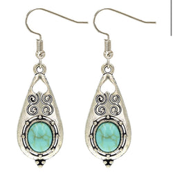 Western Silver Teardrop w/Turquoise Stone Fishhook Earrings