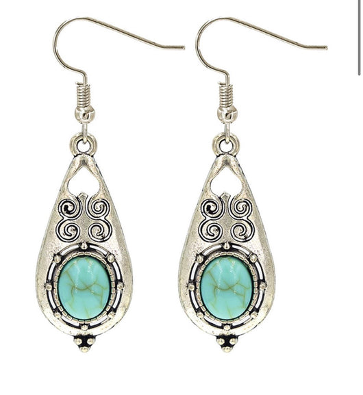 Western Silver Teardrop w/Turquoise Stone Fishhook Earrings