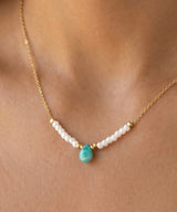 Dainty Gold, Pearl Beads & Teal Teardrop Stone Necklace