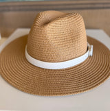 Tan Straw Sunhat w/White Faux GG Band and Adjustable Fit