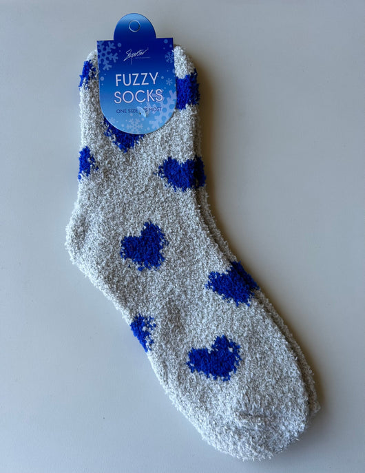 Grey w/Blue Hearts OS Fuzzy Socks