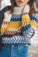 Retro Mustard & Blue Chevron Stripe Turtleneck Sweater