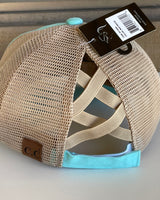 Blessed Sunflower CC Brand Turquoise Trucker Hat w/Ponytail Straps & Adjustable Velcro Closure