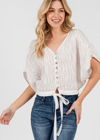 White Textured Bodice Short Sleeve Button Down Top w/Tie