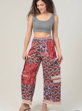 Red Lilac Paisley Design Wide Leg, Lace Inserts and Smocked Waist Pants by Angie