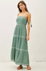 Teal Breezy Embroidered Tiered Maxi Dress w/Tie Straps