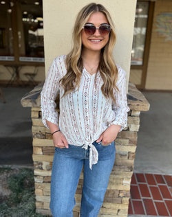 Boho Print Brown & Coral Front Knot Top with 3/4 Roll Tab Sleeve