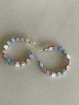 Lavender & Blue Square Wood Beads Open Hoop Earrings