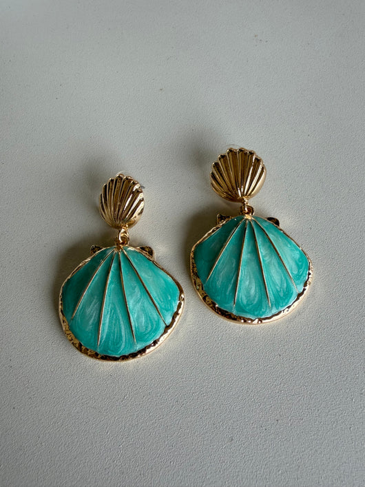 Gold Shell & Pearlized Turquoise Seashell Water Resistant Earrings
