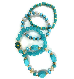 Turquoise & Gold Glass Beads w/Flowers Set of 4 Stretch Beaded Bracelets