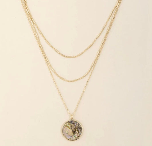 Aurora Borealis Circle Pendant on Gold Layered Chain Necklace