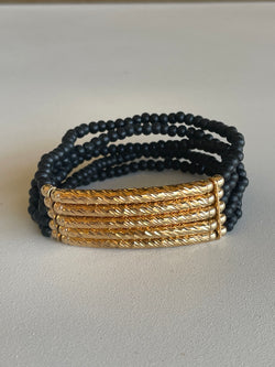 Black Beads w/Gold Metal Bars Stretch Bracelet