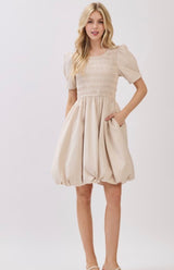 Indy Natural Smocked Bodice Puff Hemline Dress w/Pockets