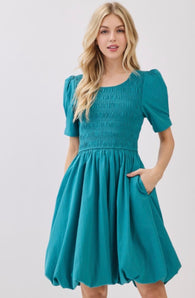 Indy Teal Smocked Bodice Puff Hemline Dress w/Pockets