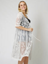 White Lace Floral Design OS Kimono/Cover Up w/Tie Waist