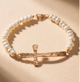 Pearl & Gold Cross Stretch Bracelet