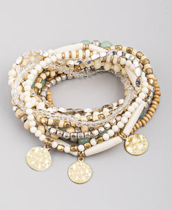 Cream, Orange & Green Set of 10 Stretch Beaded Bracelets