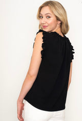 Black Ruffle Cap Sleeve Blouse