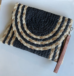 Black & Tan Braided Design Straw Crossbody/Wristlet Purse