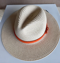 Beige Straw Sunhat w/Orange Faux GG Band and Adjustable Fit