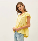 Yellow Flowy Ruffle Cap Sleeve & Woven Stitch Detail Top