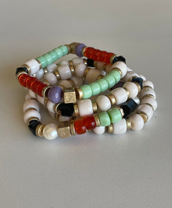 Cream, Red & Mint Large Set of 4 Stretch Beaded Bracelets