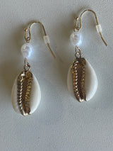 Seashell & Pearl Dangle Gold Fishhook Earrings