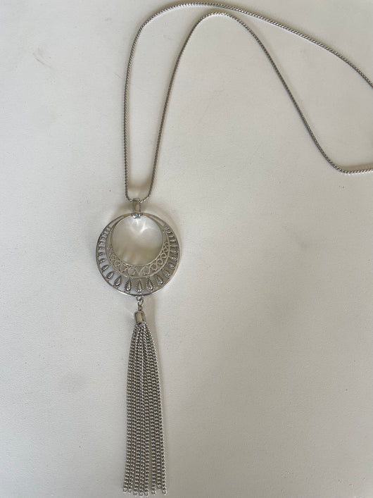 Long Silver Necklace w/Boho Round Pendant & Tassel Chains