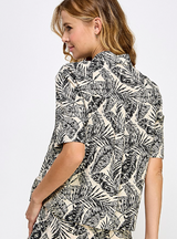 Ecru & Black Tropical Leaf Print Button Down Short Sleeve Shirt