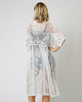 White Lace Floral Design OS Kimono/Cover Up w/Tie Waist