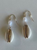 Seashell & Pearl Dangle Gold Fishhook Earrings