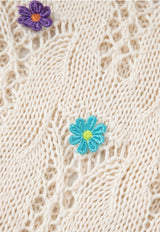 Wild Flower Embroidered Knit Short Sleeve Ivory Sweater Top