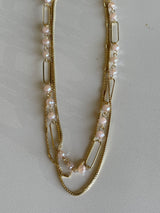 Gold Chain Link & Pink Beads Layered Necklace