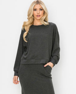 Charcoal Soft Hacci Round Neck Loungewear Sweater