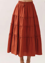 Terracotta Ruffle Tiered Elastic Tie Waistband Midi Skirt w/Pockets