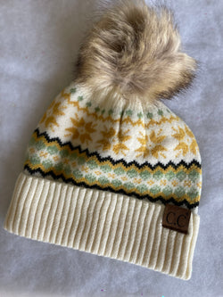 Ivory and Mustard Winter Design Pom Pom & Cuff Beanie by CC Brand