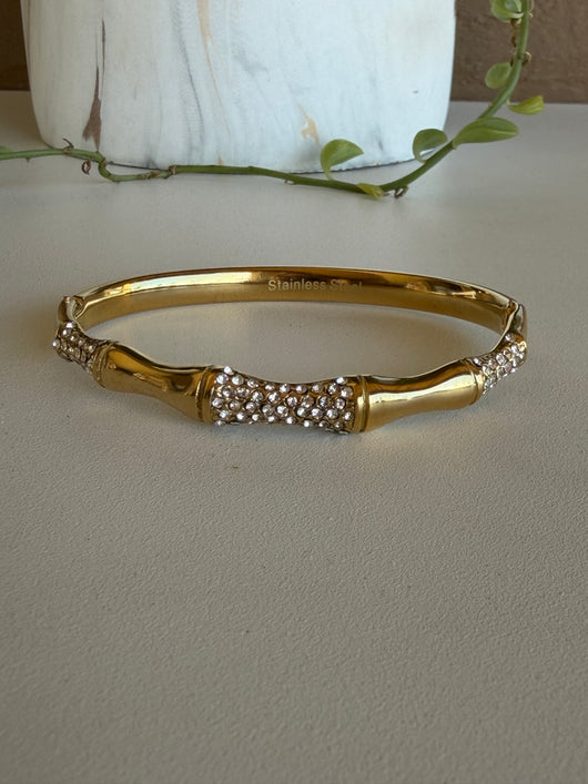 Gold & Rhinestone Bamboo Bangle Hinge Bracelet