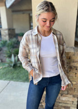 Taupe & Ivory Plaid Soft Boyfriend Flannel w/Front Open Pocket