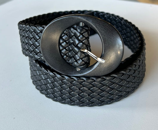 Black Weaved Belt w/Black Wood Oval Buckle