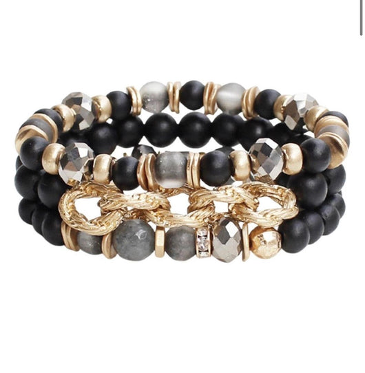 Gold & Matte Black Glass Beads Set of 3 Stretch Bracelets