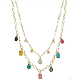Jewel Tone Multi Crystal 2 Layer Gold Necklace