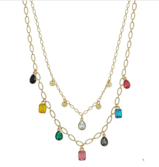 Jewel Tone Multi Crystal 2 Layer Gold Necklace