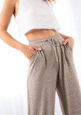 Heather Almond Hacci Knit Wide Leg Lounge Pant w/Pockets & Tie Waistband