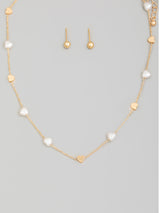 Gold & Pearl Heart Charm Necklace and Gold Ball Earring Set