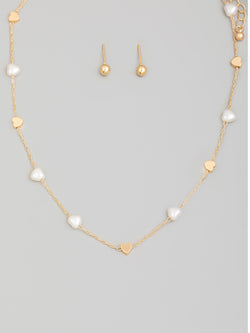 Gold & Pearl Heart Charm Necklace and Gold Ball Earring Set