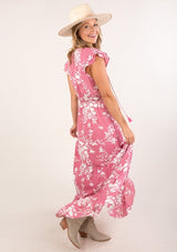 Dusty Pink & White Floral Print Tiered Maxi Dress w/Flutter Sleeve and Tassels by Lovestitch