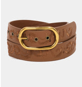 Brown Embroidered Design Belt w/Gold Oval Buckle