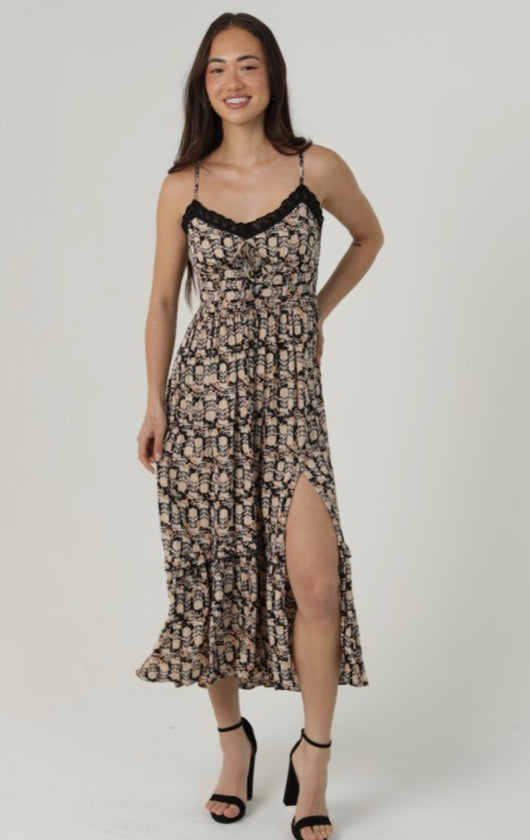 Boots & All Black & Tan Tank Midi Dress w/Black Lace Trim, Smocking and Adjustable Straps